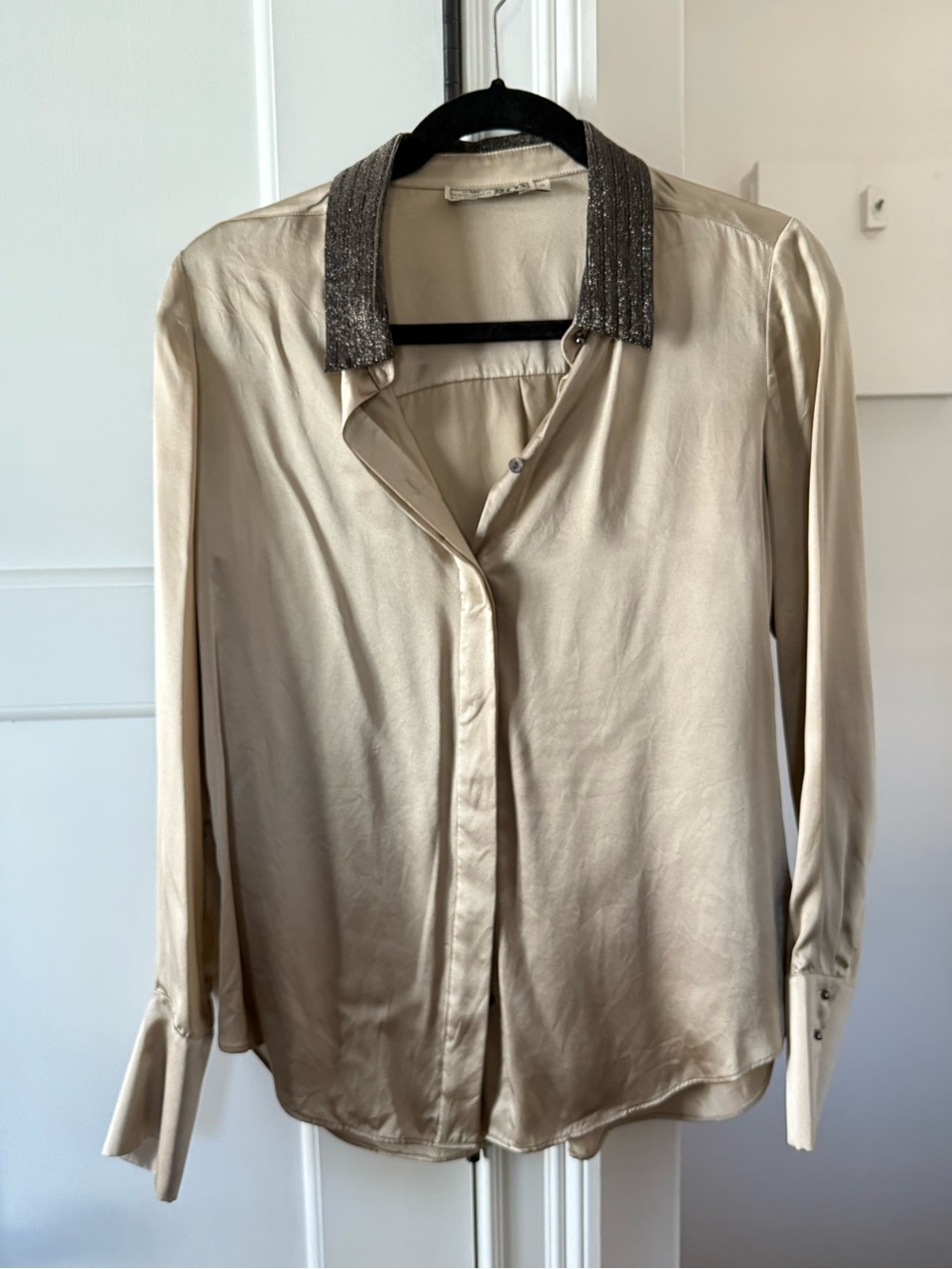 Embellished Collar Satin Blouse in Cream